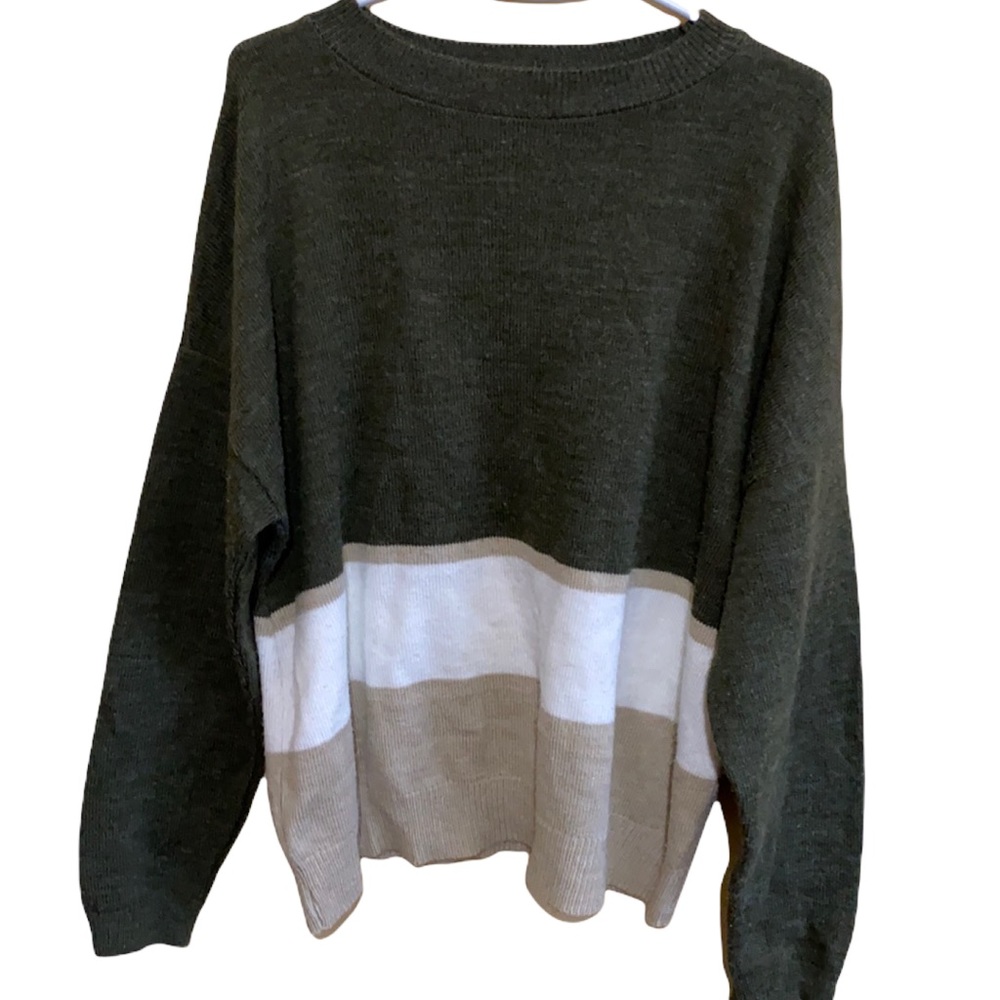 Eddie Bauer Color Block Crew Neck Sweater in green / white / tan - Large